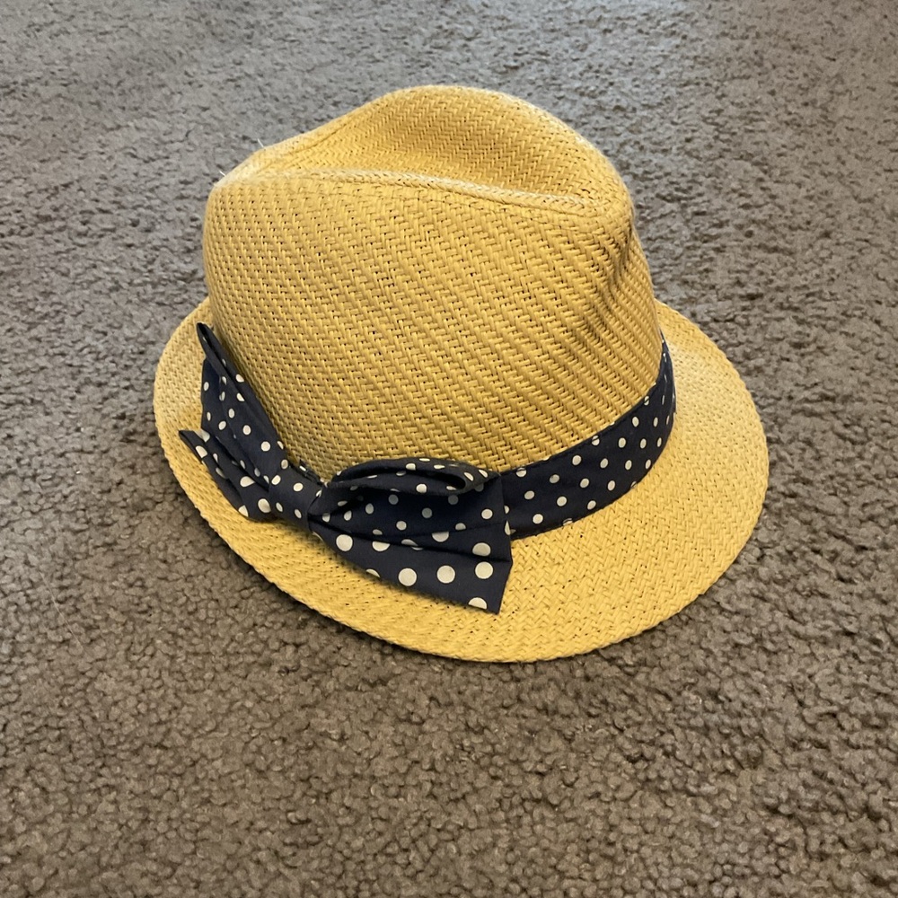 Vintage Polkadot Navy Bow Ribbon Straw Fedora Hat Beach Vacation Summer Boho Y2K